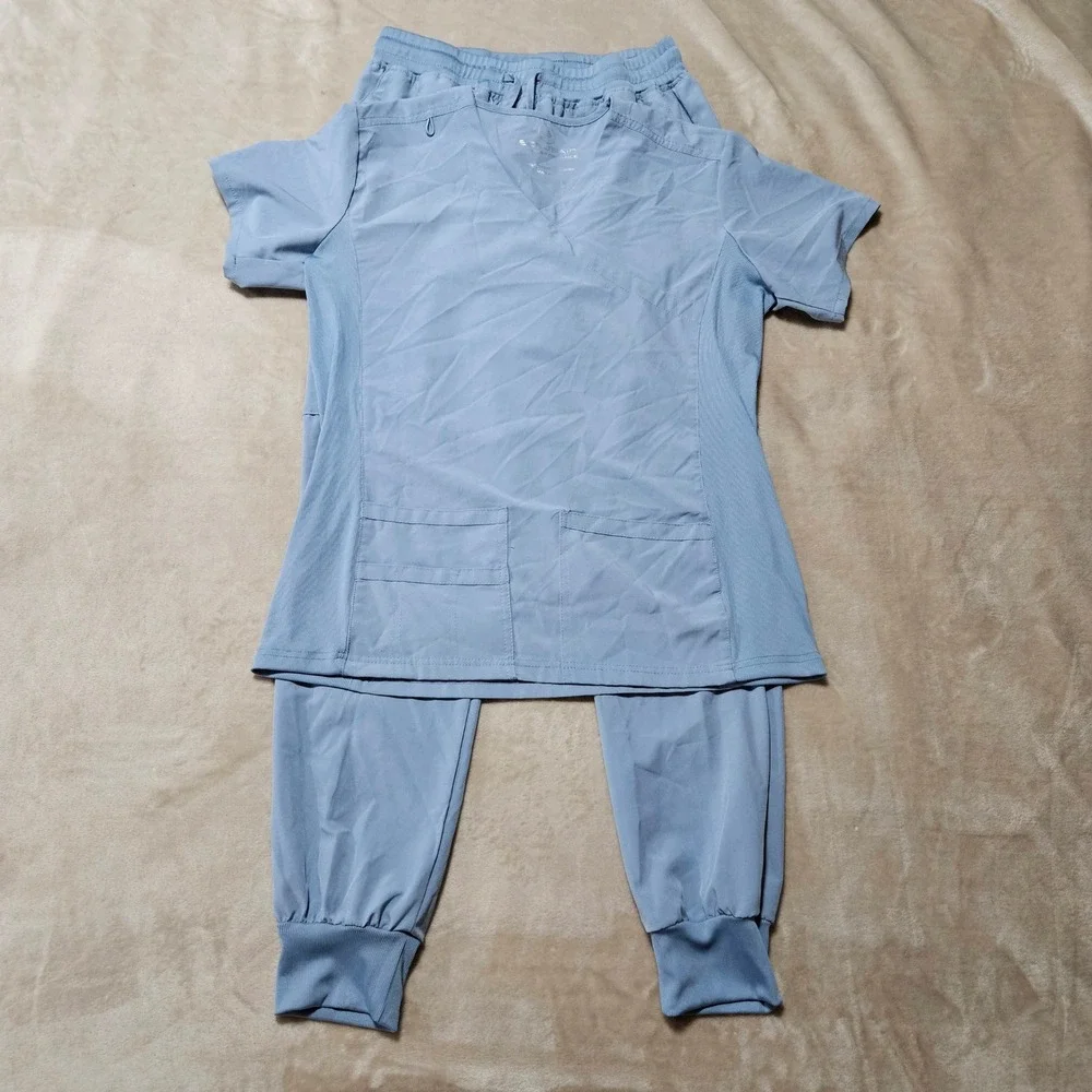 Scrubaid Performance Women Large Light Blue Scrub Set V-Neck Top Jogger